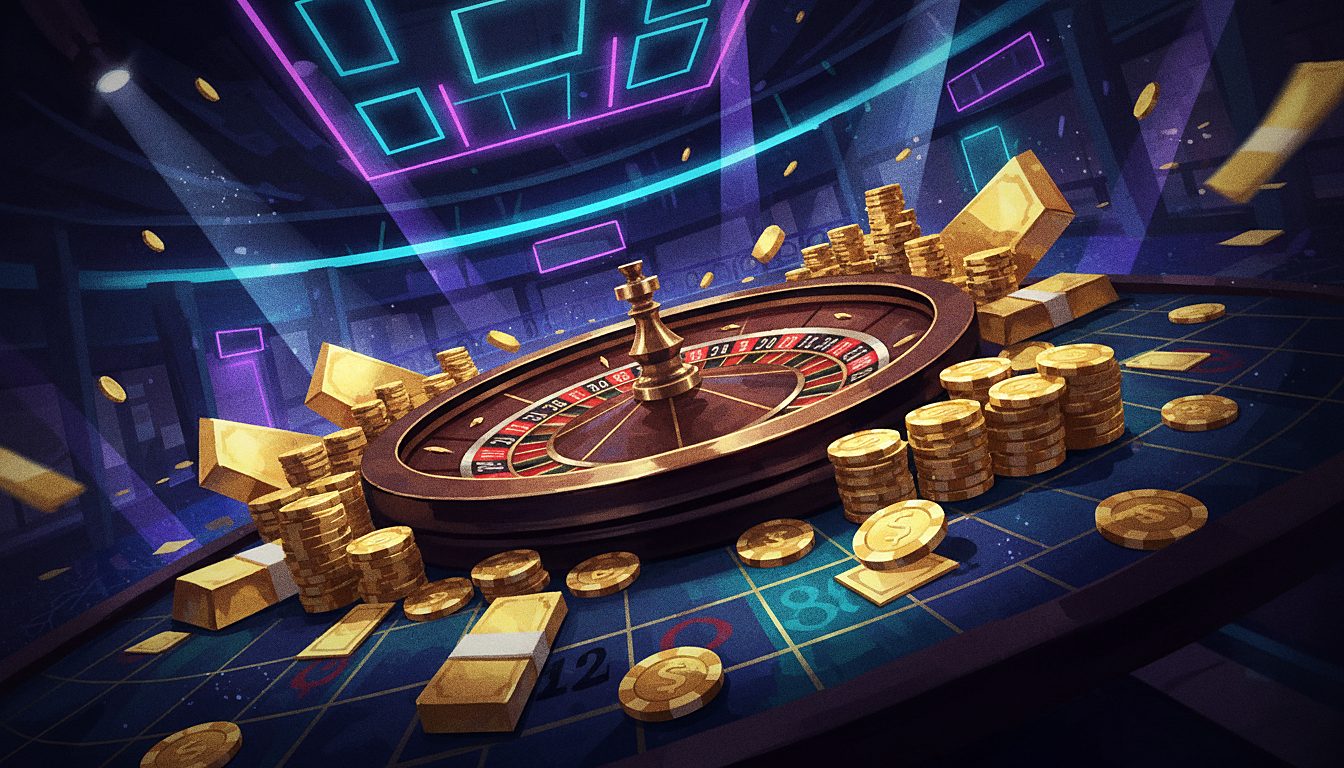roulette wheel with gold chips, dramatic casino lighting