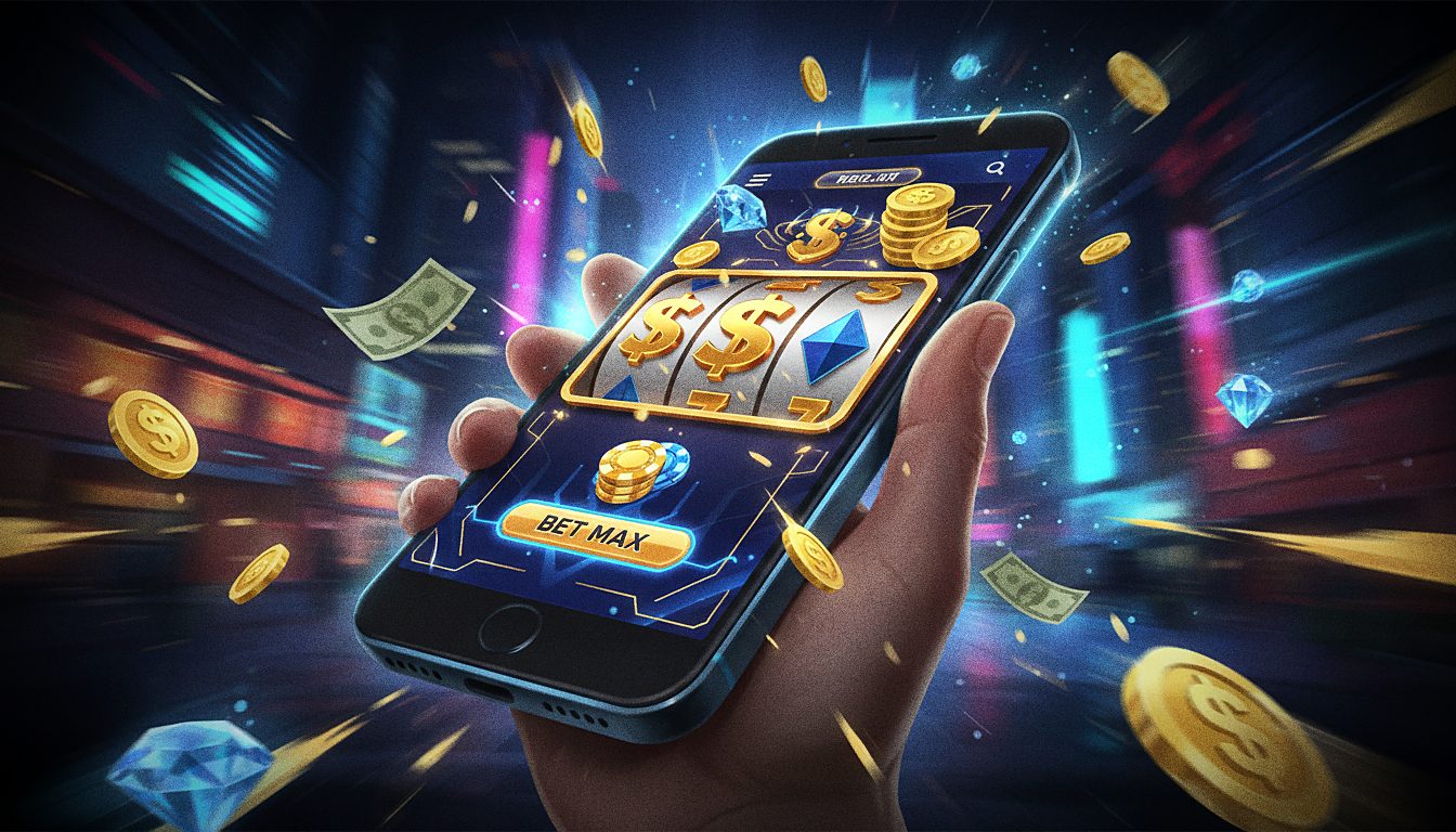smartphone glowing with a casino game screen, on-the-go theme