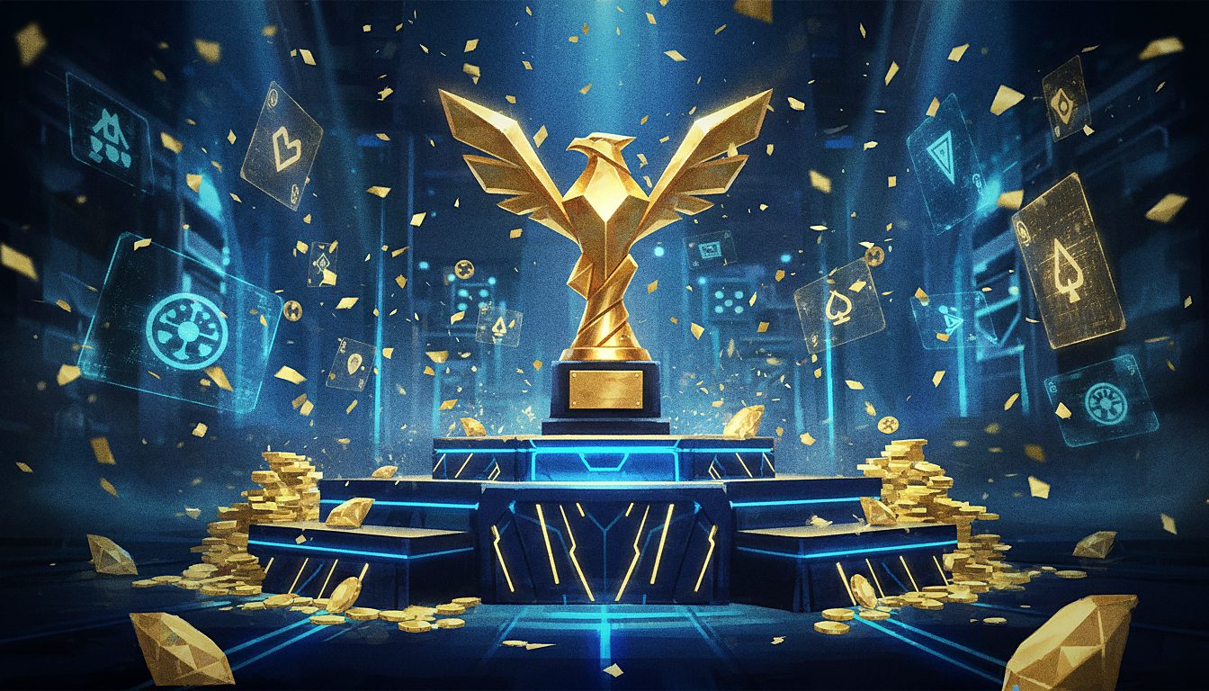 golden trophy on a podium with confetti, tournament theme